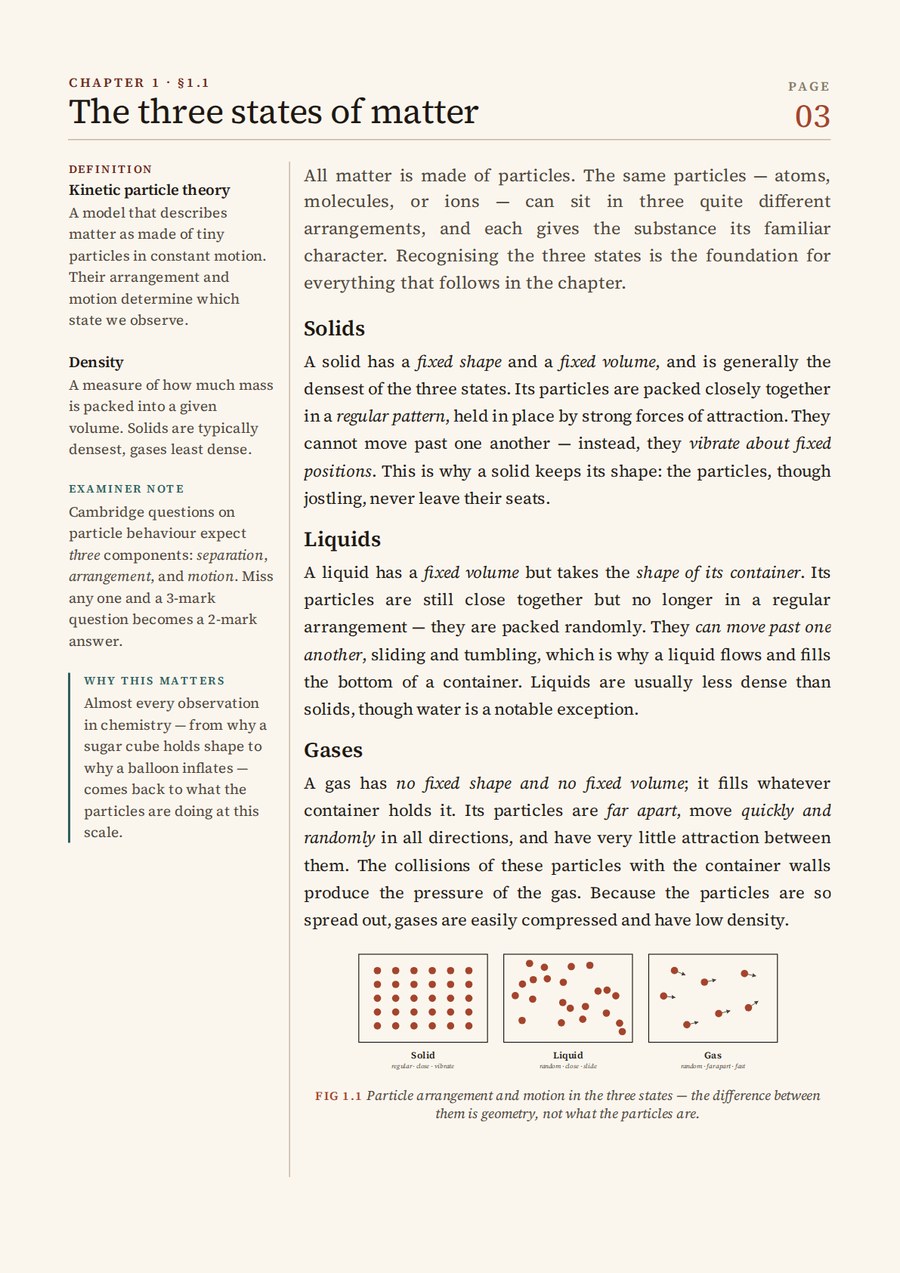 Teaching page on the three states of matter with definitions and examiner notes in the margin and a particle diagram