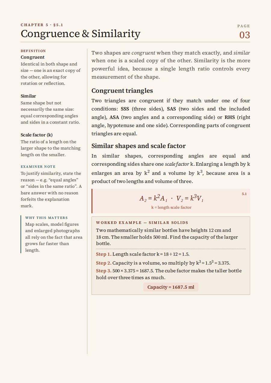 Teaching page on congruence and similarity with definitions and examiner notes in the margin and a worked example