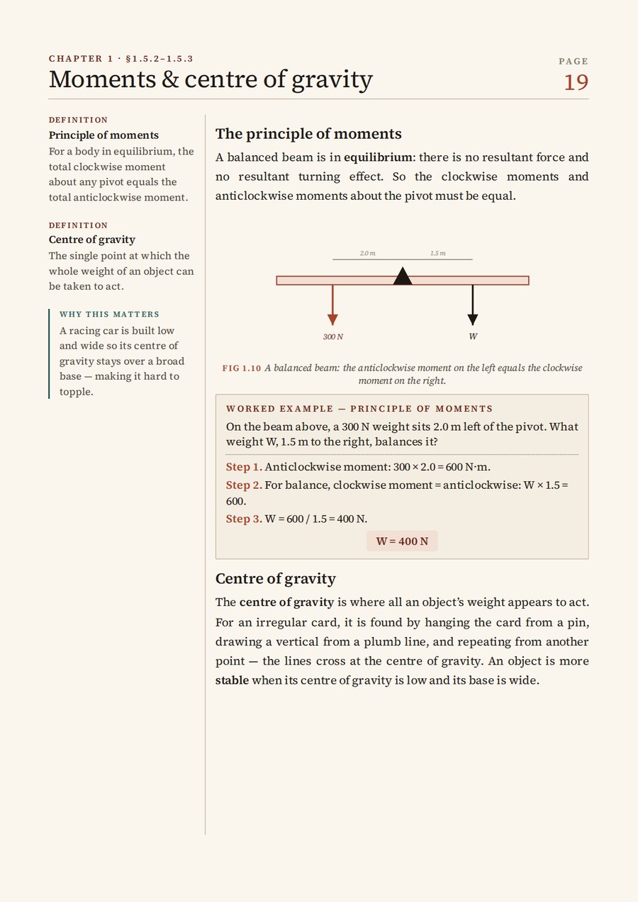 Teaching page on moments and centre of gravity with definitions in the margin, a balanced-beam diagram and a worked example